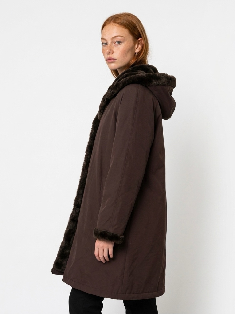 Vintage 90s Drizzle Brown Faux Fur Hooded Winter Coat Made in USA